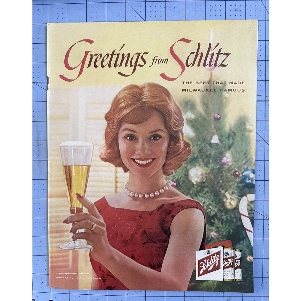 1960 "Greetings from SCHLITZ" Holiday Ad "The beer that made Milwaukee famous"
